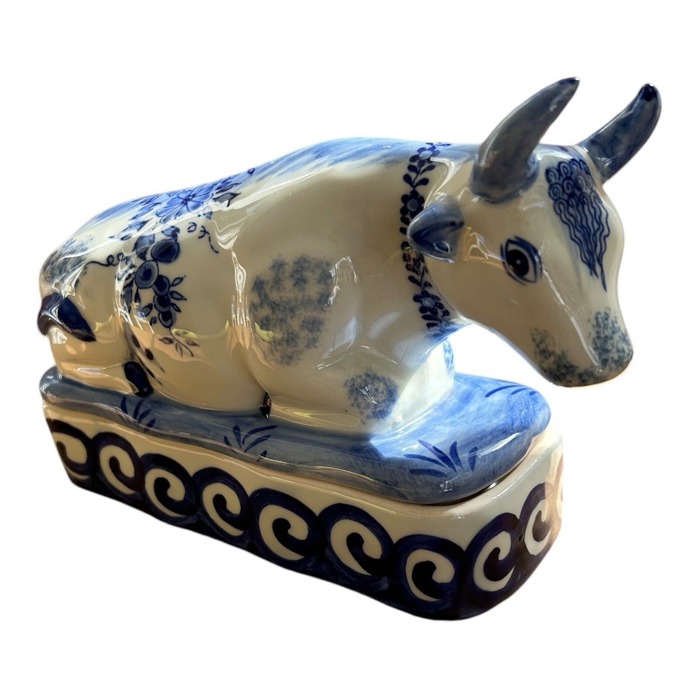 Delftware Blue Cow‎ Bull Porcelain BUTTER DISH & LID Unmarked
